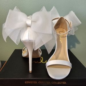 Lulu's Ivory Satin Bow Ankle Strap High Heel Sandals Size 7